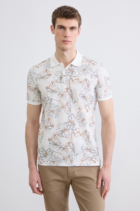 LC WAIKIKI, Tricou polo slim fit cu model, Alb/Gri deschis/Maro pamantiu