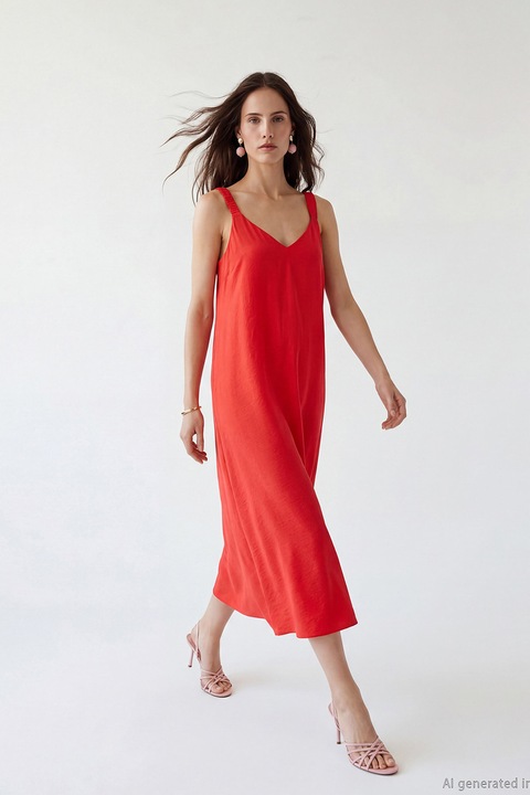 LC WAIKIKI, Rochie dreapta cu decolteu in V, Rosu vermillion