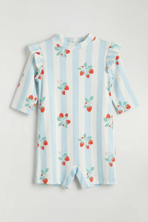 LC WAIKIKI, Costum de baie cu model si volane, Alb/Albastru pastel/Rosu vermillion/Verde aquamarin