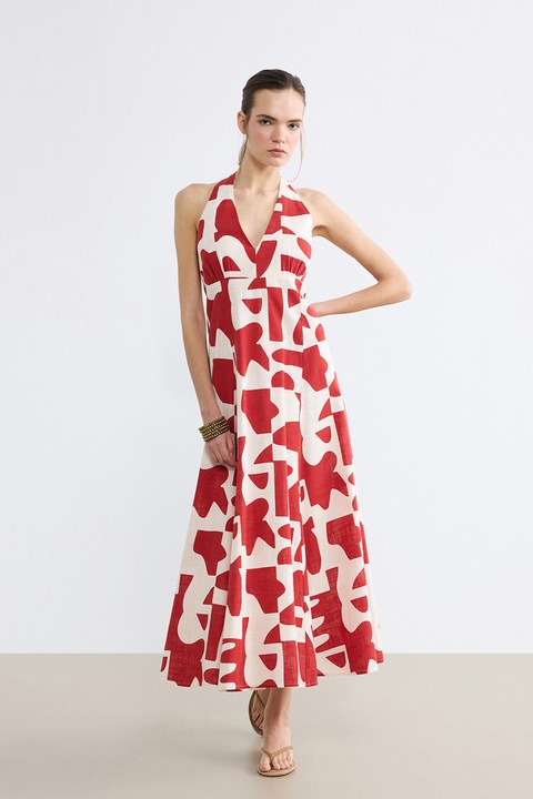 LC WAIKIKI, Rochie midi cu decolteu in V, Alb optic/Rosu vermillion