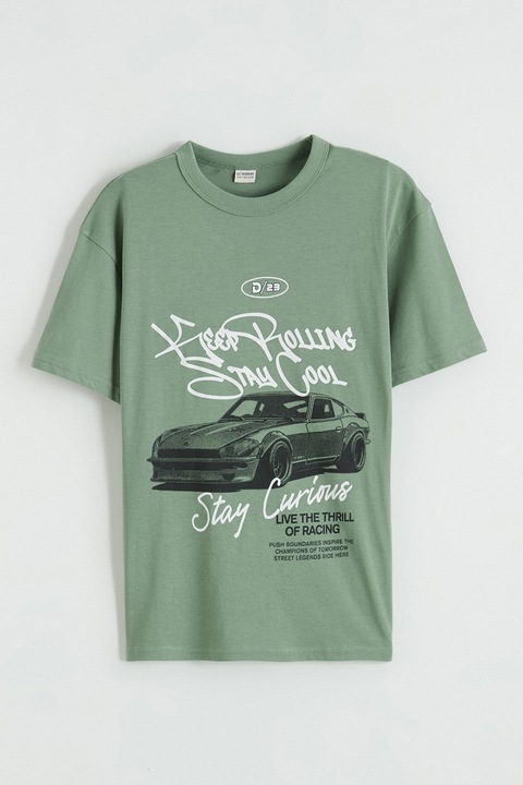 LC WAIKIKI, Tricou de bumbac cu imprimeu text si grafic, Alb/Verde turcoaz