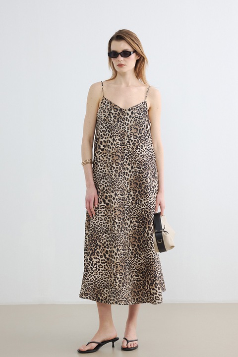 LC WAIKIKI, Rochie midi cu animal print, Negru/Maro deschis/Maro camel