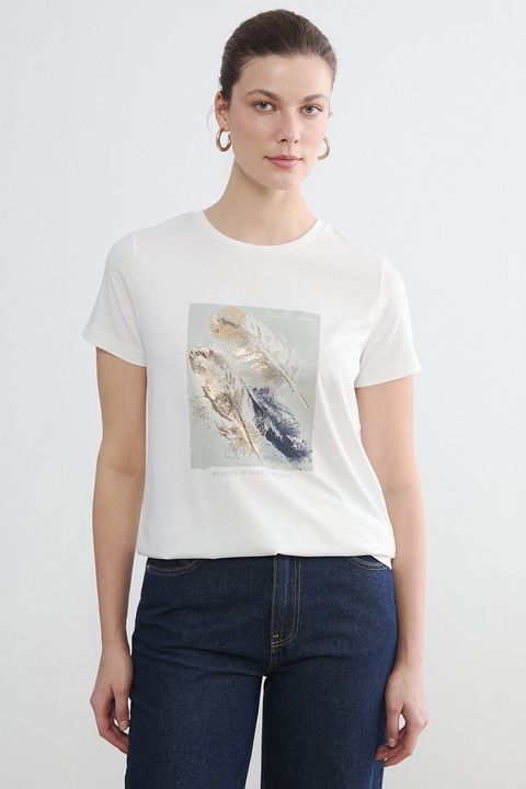 LC WAIKIKI, Tricou cu decolteu la baza gatului si imprimeu, Alb optic