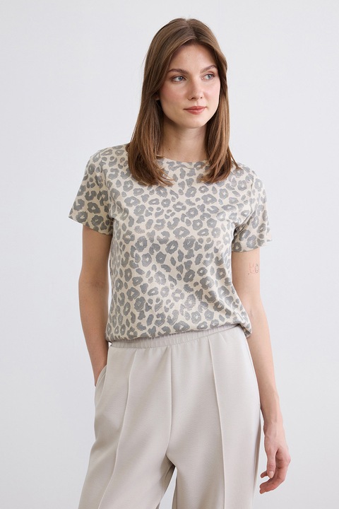 LC WAIKIKI, Tricou din bumbac cu animal print, Maro taupe deschis/Bleumarin