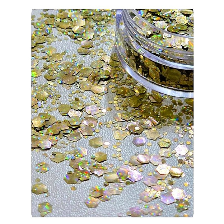 Pigment csillám irizáló hatszögletű, art line DEVE, 10gr golden sun csillám epoxi gyantához, körömlakkhoz vagy dekoratív festékhez