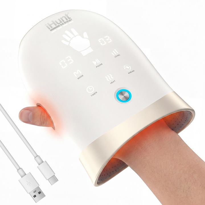 Aparat de masaj pentru maini si degete iHunt SPA HandMassage Heat Pro, Compresie cu perne de aer, Functie incalzire, Masaj bionic, Acumulator, White
