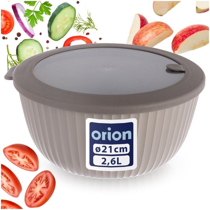 Bol De Bucatarie Cu Capac Etans, Orion, Cu Supapa Pentru Abur, 2.5 L / 22.5x21.5x11 cm, Bej Inchis, Plastic Fara Bpa, Termorezistent De La -25°C La +95°C, Sigur Pentru Congelator Si Cuptorul Cu Microunde, Curatare In Masina De Spalat Vase, Calitate