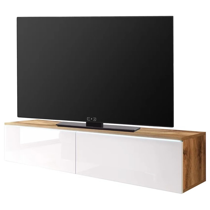 Re-Bloom - Comoda TV cu iluminare LED de 140x30x33 cm, cu 2 usi pe balamale, PAL alb lucios si stejar Wotan, sursa LED inclusa, potrivita pentru TV pana la 55 inch