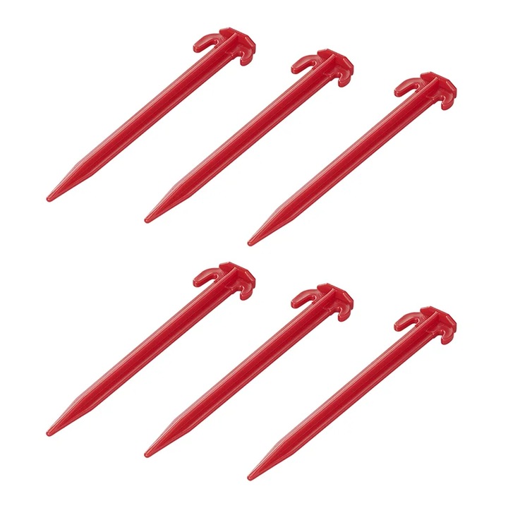 Set pichete si tevi pentru fixare cort camping, ProPlus, 364824, Fabricat din plastic de inalta calitate, Structura rezistenta la impact puternic, Lungime piesa de 19 cm, Greutate pachet 0.5 kg, 19 x 1.2 x 0.5 cm, Rosu, 6 Buc