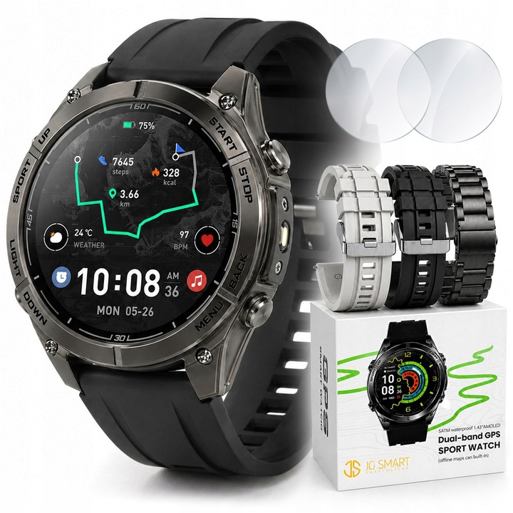 Ceas inteligent JG Smart, GPS, AMOLED, impermeabil, set cu 3 curele, 1 "43"