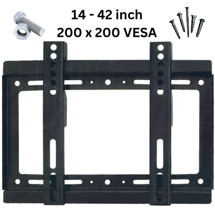 Suport de perete fix pentru televizor 14 – 42 inch, VESA pana la 200 × 200 mm, montare sigura si usoara, TV sau monitor in living, dormitor, birou sau bucatarie, pentru majoritatea modelelor, NETERRA