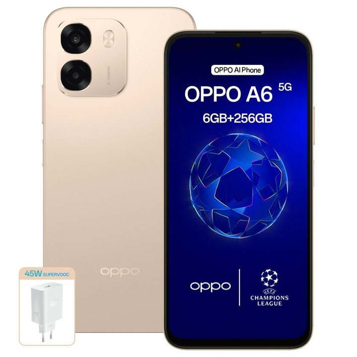 Telefon mobil OPPO A6, 6GB RAM, 256GB, 4G, Aurora Gold, set incarcator 45W