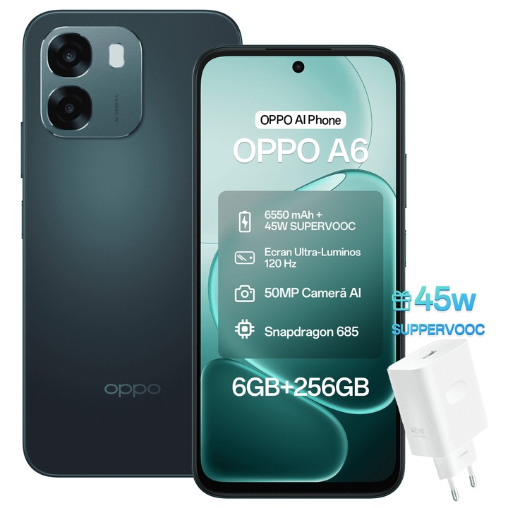 Telefon mobil OPPO A6, 4G Dual SIM, 6GB RAM, 256GB, 6550 mAh, Telefon Baterie Lunga, Sapphire Black + Incarcator OPPO SuperVOOC 45W