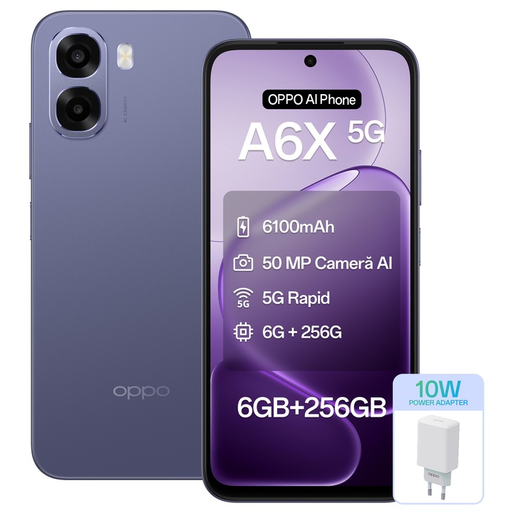 Telefon mobil OPPO A6x, 5G Dual SIM, 256GB, 6GB RAM, Baterie 6100mAh, Black Purple + Incarcator OPPO 10W