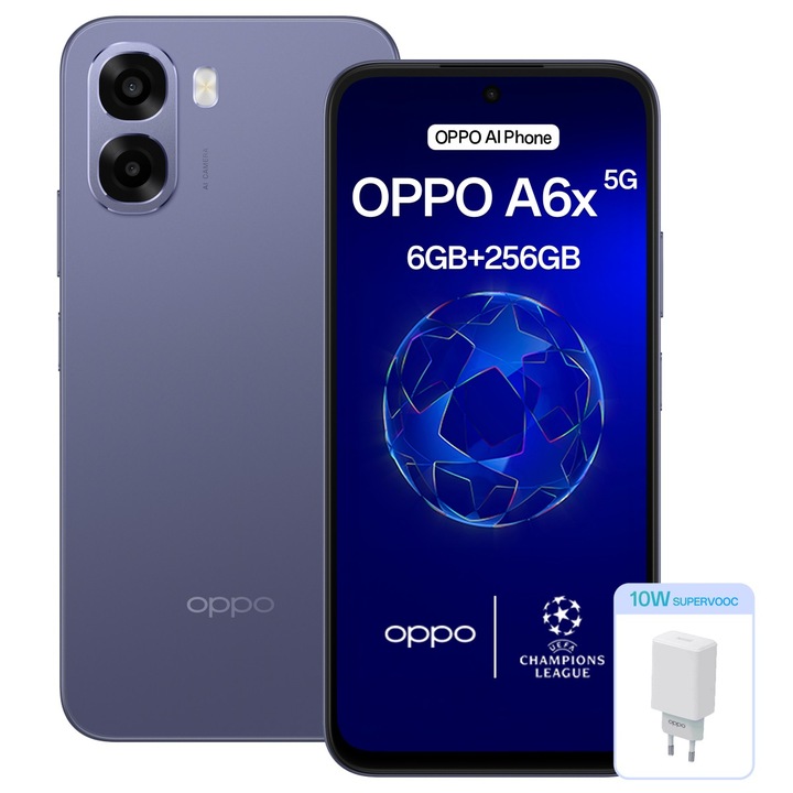 Telefon mobil OPPO A6x 5G, 6GB RAM, 256GB, Black Purple, set cu Adaptor de Alimentare 10W