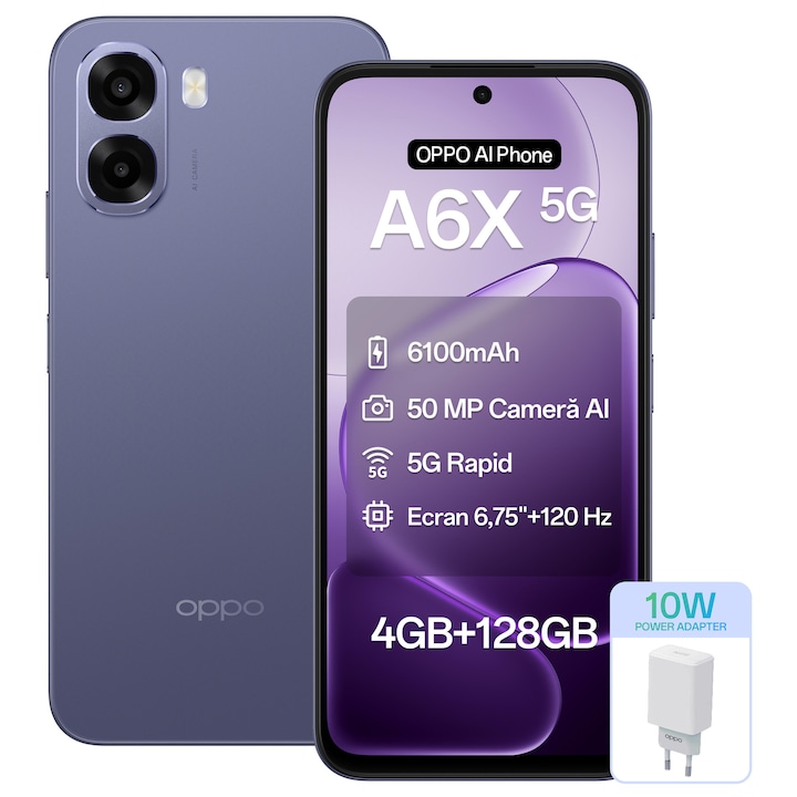 Telefon mobil OPPO A6x, Smartphone 5G, 128GB, 4GB RAM, Baterie 6100mAh, Dual SIM, Black Purple + Incarcator OPPO 10W