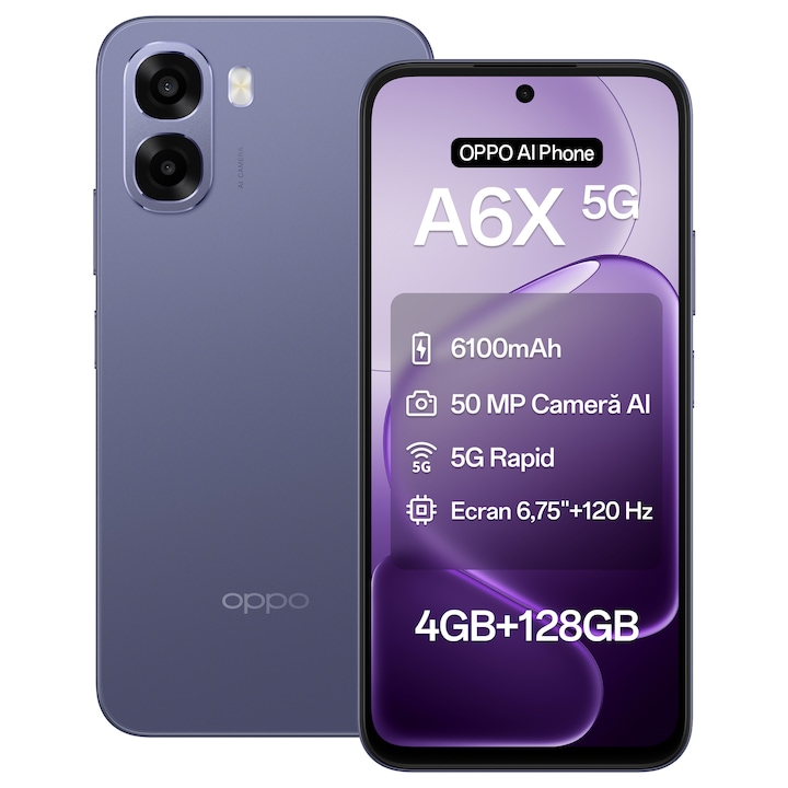 Telefon mobil OPPO A6x, Smartphone 5G, 128GB, 4GB RAM, Baterie 6100mAh, Dual SIM, Black Purple + Incarcator OPPO 10W