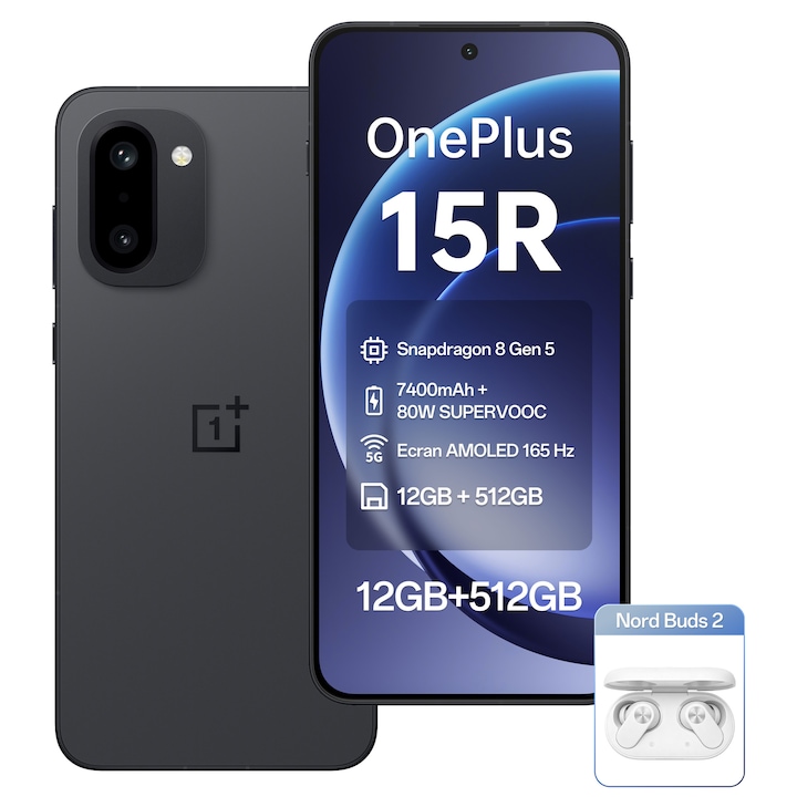 Telefon mobil OnePlus 15R, 12GB RAM, 512GB, 5G, Charcoal Black, set cu OnePlus Nord Buds 2