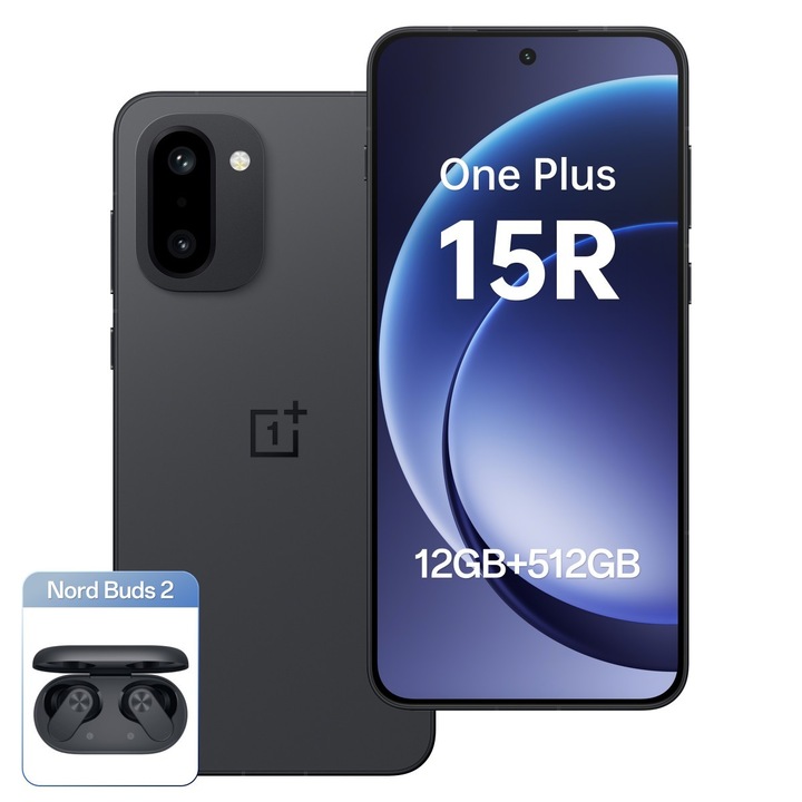 Telefon mobil OnePlus 15R, 12GB RAM, 512GB, 5G, Charcoal Black, set cu OnePlus Nord Buds 2