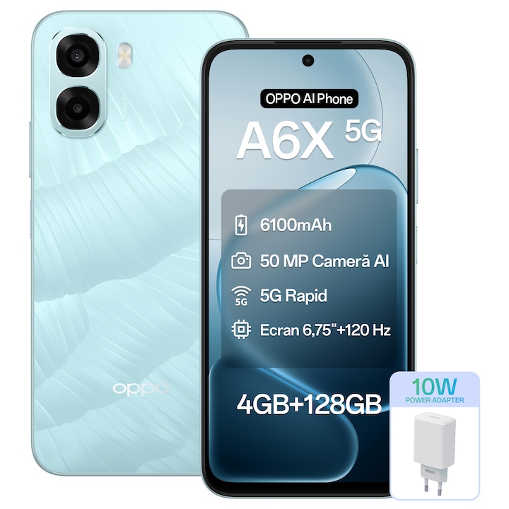 Telefon mobil OPPO A6x 5G, 4GB RAM, 128GB ROM, Ice Blue + OPPO Power Adaptor 10W