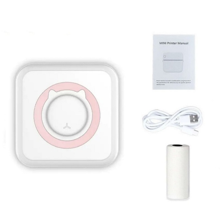 Mini hordozható hőnyomtató, Bluetooth kapcsolat, különböző nyomtatási módok, 1000 mAh lítium akkumulátor, 80 x 80 x 35 mm, rózsaszín