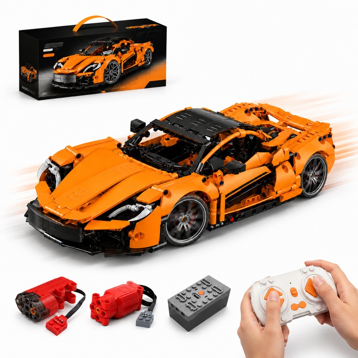 Set blocuri de constructie masina sport portocalie scara 1:14, peste 1000 piese, model static posibil upgrade cu motor si telecomanda, jucarie de asamblare creativa cadou pentru baieti si pasionati