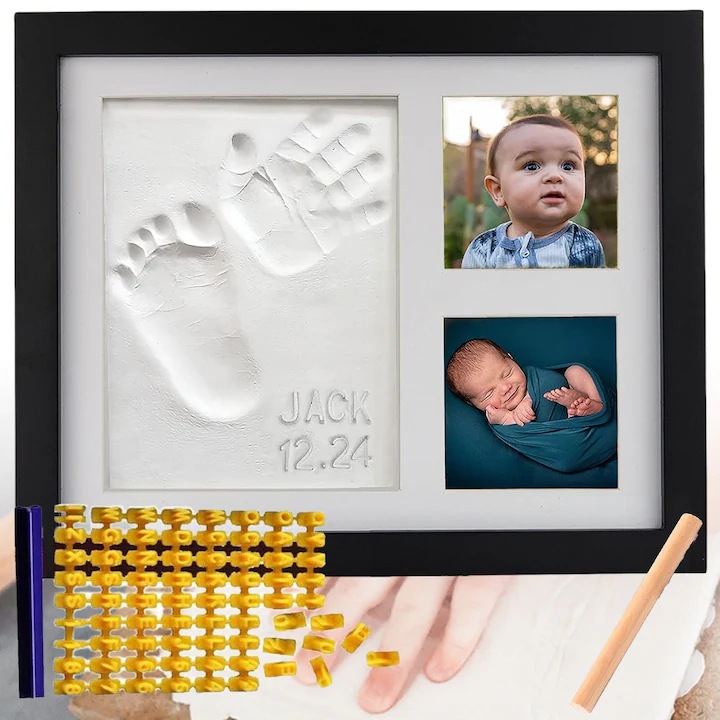 Set amprenta mana piciorus bebe si rama foto, Puepoul, 23x28cm, lut sigur, 3 compartimente, cadru negru, pentru botez si zi de nastere