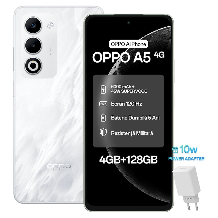 Telefon mobil OPPO A5, 4G Dual SIM, 4GB RAM, 128GB ROM, Telefon Baterie Lunga, Mist White + Incarcator OPPO 10W