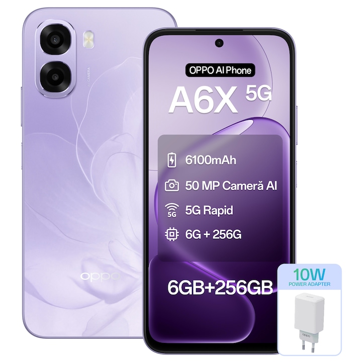Telefon mobil OPPO A6x, 5G Dual SIM, 256GB, 6GB RAM, Baterie 6100mAh, Violet Purple + Incarcator OPPO 10W
