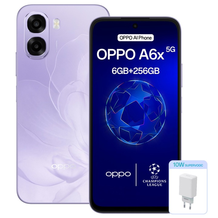 Telefon mobil OPPO A6x 5G, 6GB RAM, 256GB, Violet, set cu Adaptor de Putere 10W