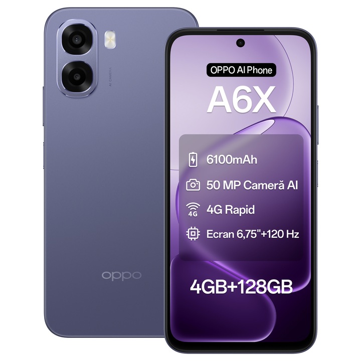 Telefon mobil OPPO A6x, 4G Dual SIM, 4GB RAM, 128GB, Telefon Baterie Lunga, Design Subtire Si Elegant, Black Purple + Incarcator OPPO 10W
