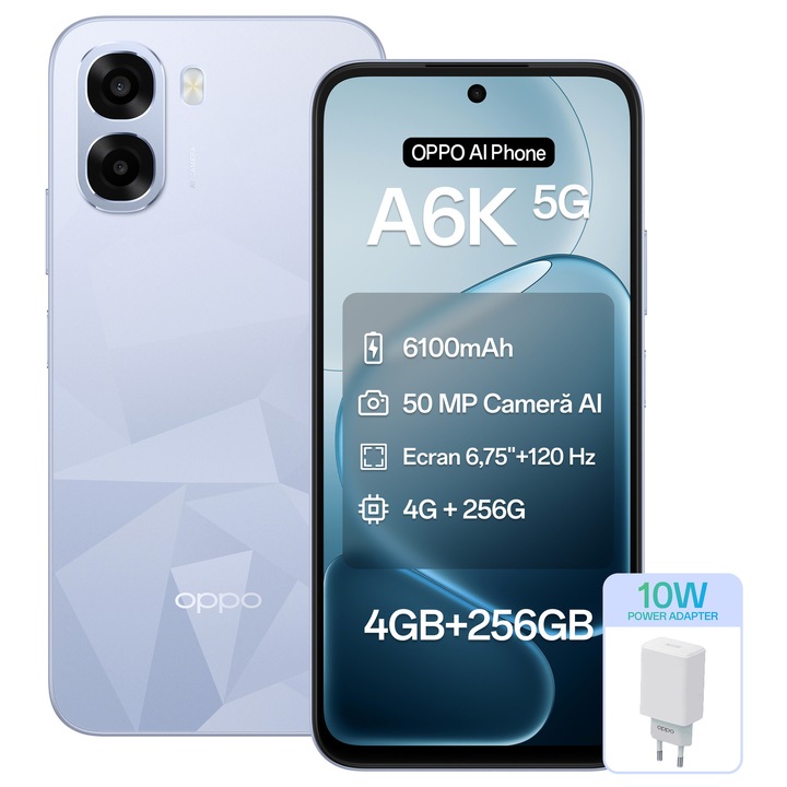 Telefon mobil OPPO A6k, Baterie 6100mAh, 256GB, 4GB RAM, 4G Dual SIM, Telefon Baterie Lunga, Crystal Blue + Incarcator OPPO 10W