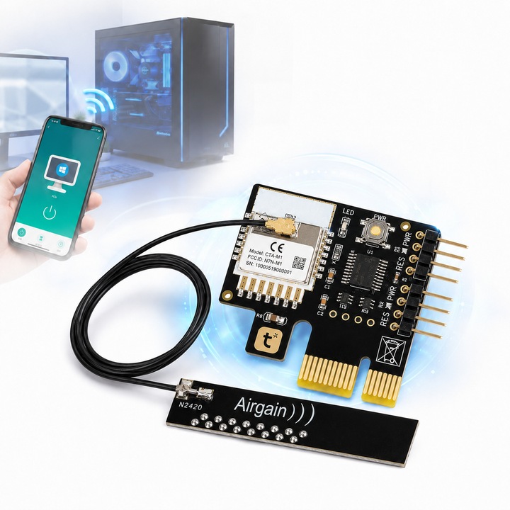 Placa Control Computer PC prin Telefon, AjieQaQ®, PCIe, WiFi 2.4G si Bluetooth, Tuya Smart Life, pornire oprire restart hard reset, timer, program saptamanal, control vocal, antena PCB 20 cm, pentru desktop