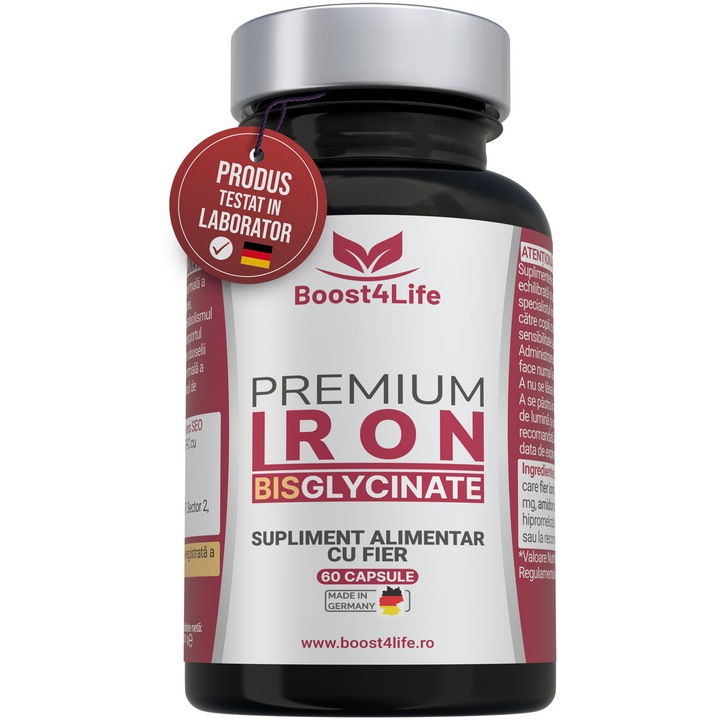 Supliment alimentar, Fier Bisglicinat Premium, Boost4Life, 71.80 mg, 60 capsule vegane