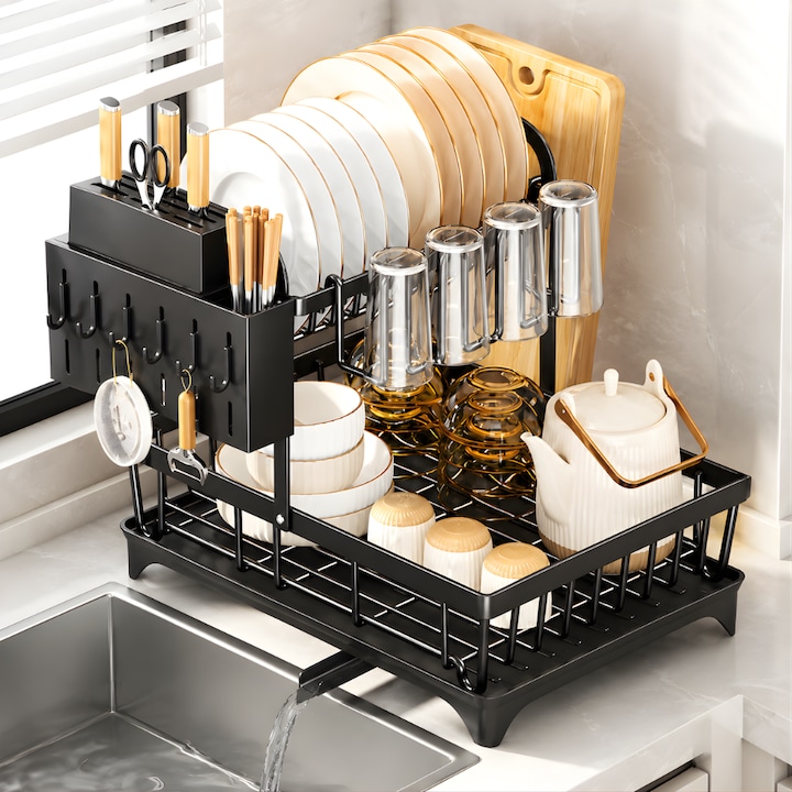 KD Home® CleanRack edényszárító, késtartó, tányérokhoz, poharakhoz, beépített szárító, fém, konyhába, automata vízelvezetés, fekete