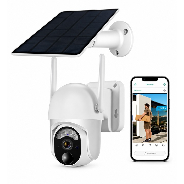 Camera Supraveghere Duala cu Panou Solar Xenomo DuoView, Rezolutie 2K/4MP, WiFi/4G, Lentila Dubla, Vedere Nocturna Color, Audio Bidirectional, Senzor de Miscare PIR, Rezistenta la Apa IP66, Control prin Aplicatie, Alb/Negru