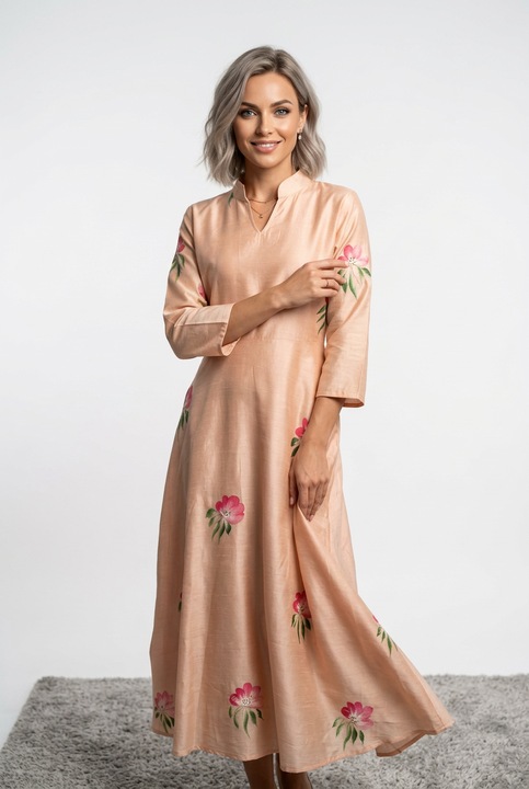 Elegáns festett midi ruha, pasztell rózsaszín, pamut és selyem, XL méret