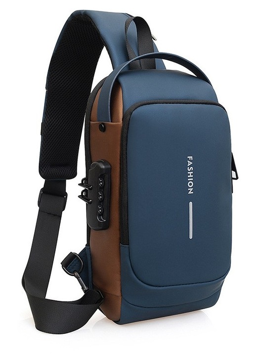 LUXWTB Geanta de umar multifunctionala unisex, material impermeabil sintetic, albstru-maro, port USB, multiple compartimente – ideala pentru naveta zilnica si cadouri festive
