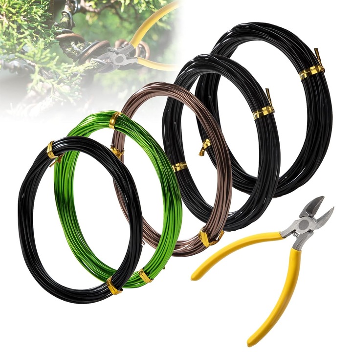 Sarma de aluminiu pentru bonsai, lungime 25 m, cu cleste taietor, sarma anodizata de 1 mm/1, 5 mm/2 mm, pentru dresaj de bonsai, pentru gradinarit si mestesuguri DIY