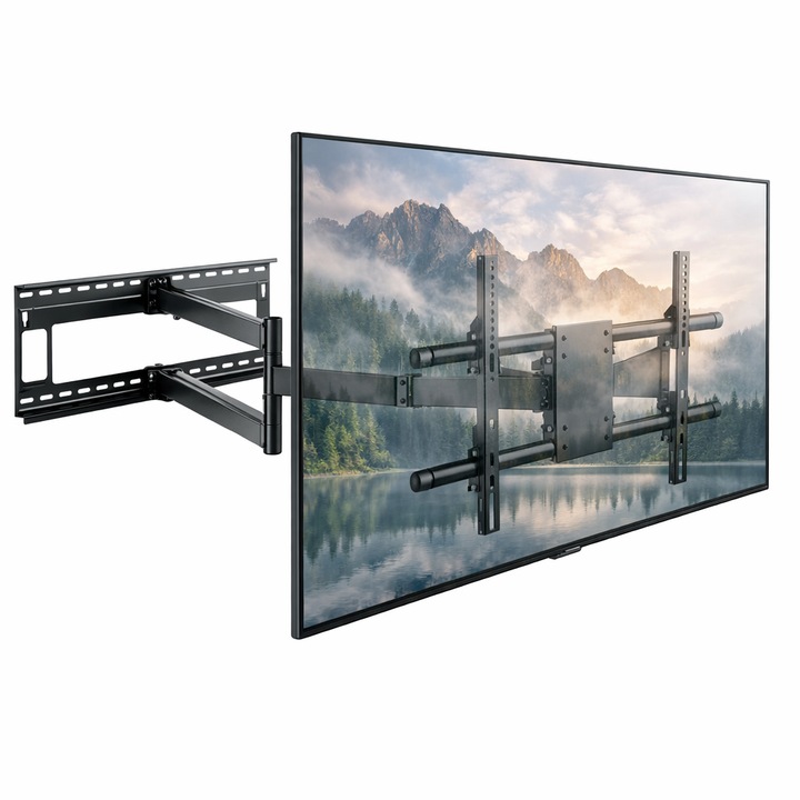 Suport TV de perete, profesional ELTEK®, Full Motion, brat extensibil, reglabil, inclinare si rotire, diagonala 43”–80” (109cm–203cm), greutate maxima sustinuta 50 kg, structura Heavy-Duty, VESA maxim 800 × 400, negru
