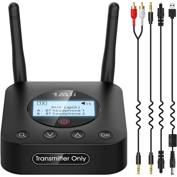 1Mii B06TX+ Bluetooth 5.3 adó, aptX Adaptive / aptX HD / Low Latency, vezeték nélküli audio adapter TV-hez PC-hez és projektorhoz, kettős csatlakozás 2 fejhallgatóhoz vagy hangszóróhoz, LED kijelző, hosszú hatótávolság akár 60m, Bluetooth 5.3, Plug & Play