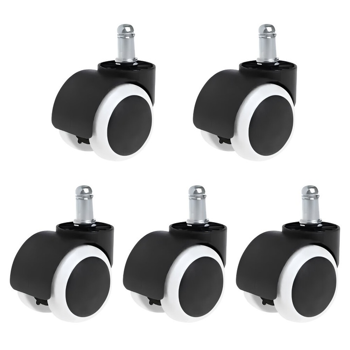 Roti scaun birou DacEnergy©, set 5 bucati, de schimb, universale pardoseli dure si moi, montaj click, diametru 5 cm, negru/alb