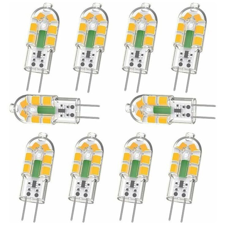 Pachet de 10 becuri LED G4, 2W 240LM, echivalent cu becuri halogen G4 de 20W, alb cald 3000K, AC/DC 12V, fara palpaire, fara reglare intensitatii luminoase