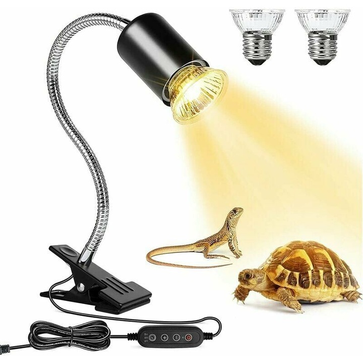 Lampa de caldura pentru broaste testoase, lampa pentru broaste testoase terestre cu baza lunga, rotatie 360° si temporizator, lampa UV pentru broaste testoase cu 2 becuri, potrivita pentru terarii, reptile, broaste testoase, soparle, serpi