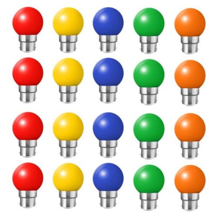 Пакет от 20 цветни LED крушки B22, 2W крушки тип байонет, червено, жълто, оранжево, зелено, синьо, устойчиви на счупване (еквивалент на 20W)