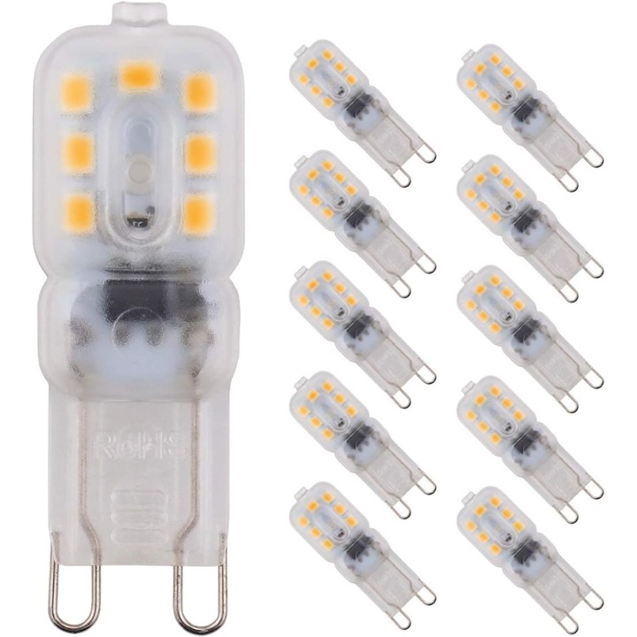 Becuri LED G9 reglabile, pachet de 10, 2W, 14x2835, becuri LED economice, alb cald 3000k, 150 lumeni, echivalent cu un bec halogen de 20W, AC 220-240V, unghi de fascicul de 360°