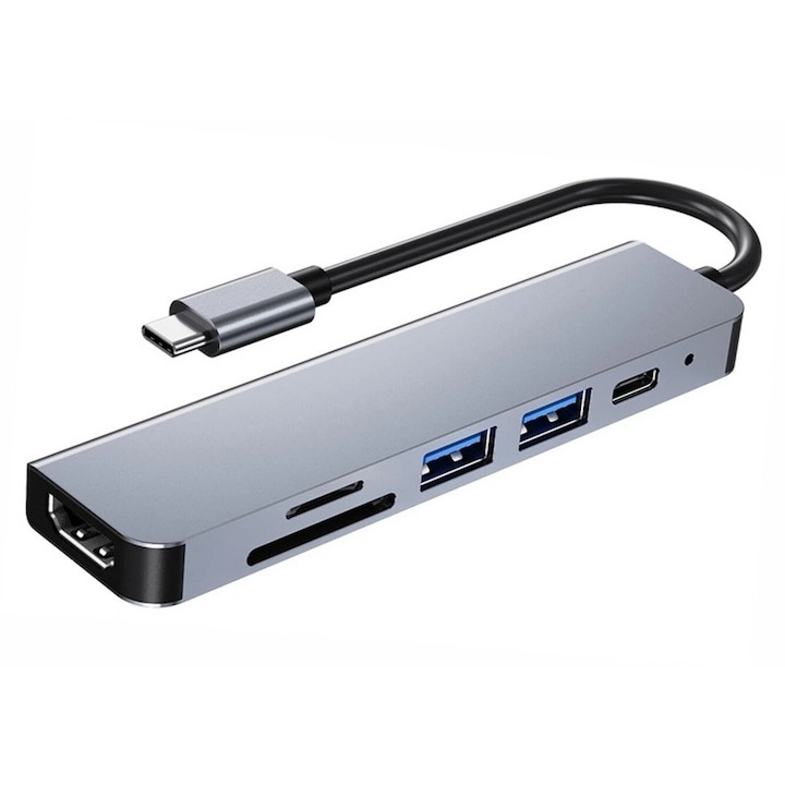 USB-C Hub 6 az 1-ben laptophoz és tablethez HDMI 4K, PD 100W, USB 3.0, USB 2.0 és SD TF kártyaolvasóval, kompakt multifunkcionális adapter