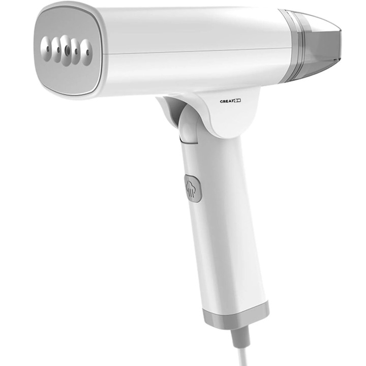 Fier de Calcat Vertical GREATON Portabil cu Putere de 1500W, Abur Puternic, Incalzire 30 secunde, Rezervor Apa 85 ml, Design Pliabil, Pentru Calatorii, Panou Inox si Carcasa ABS, Alb