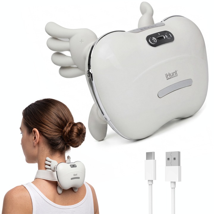Aparat de masaj cervical si umeri iHunt SPA HandTouch Neck 3D, Tehnologie masaj bionic/imitare maini umane, Incalzire, Reincarcabil, White