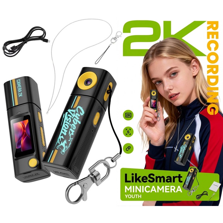 Camera Video Mini LikeSmart MiniCamera Youth Cyber Vision 2K Ultra HD, Lentila Rotativa 230°, Unghi Wide 130°, Ecran 0.96”, Camera Vlog Portabila pentru Travel, Sport, Selfie si Daily Recording, Black